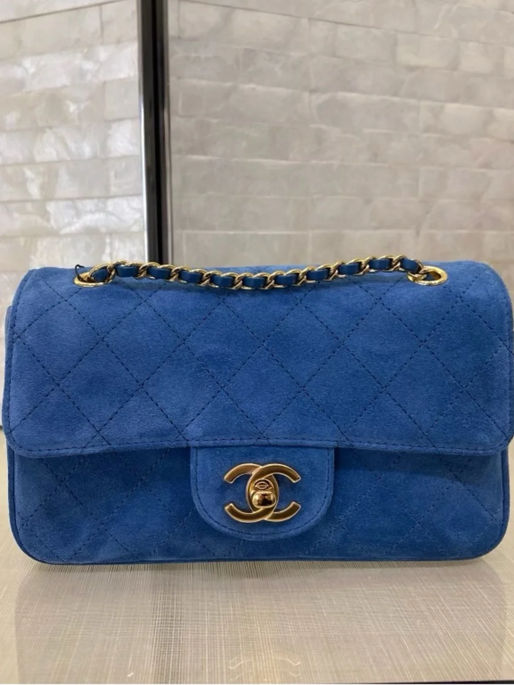CHANEL Royal Blue Quilted Suede Shoulder Bag with Gold Hardware